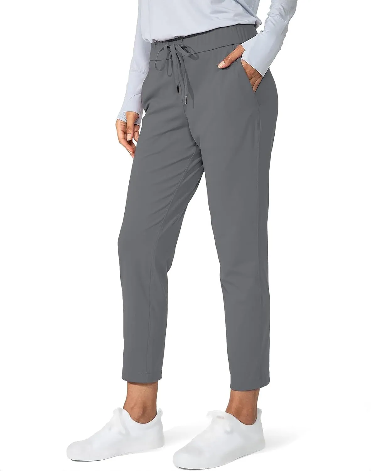 Womens Ankle Length Running Pants Drawstring Elastic Waist Jogger Pants Casual Hiking Trousers with Pockets