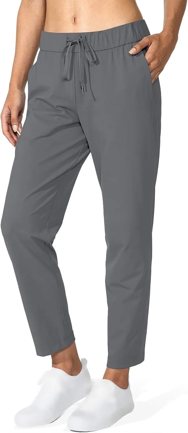 Womens Ankle Length Running Pants Drawstring Elastic Waist Jogger Pants Casual Hiking Trousers with Pockets