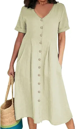 Women's Beach Dress Summer Casual Loose Trendy Short Sleeve V-Neck Solid Button Linen Dresses 2025 Plus Size, S-5XL