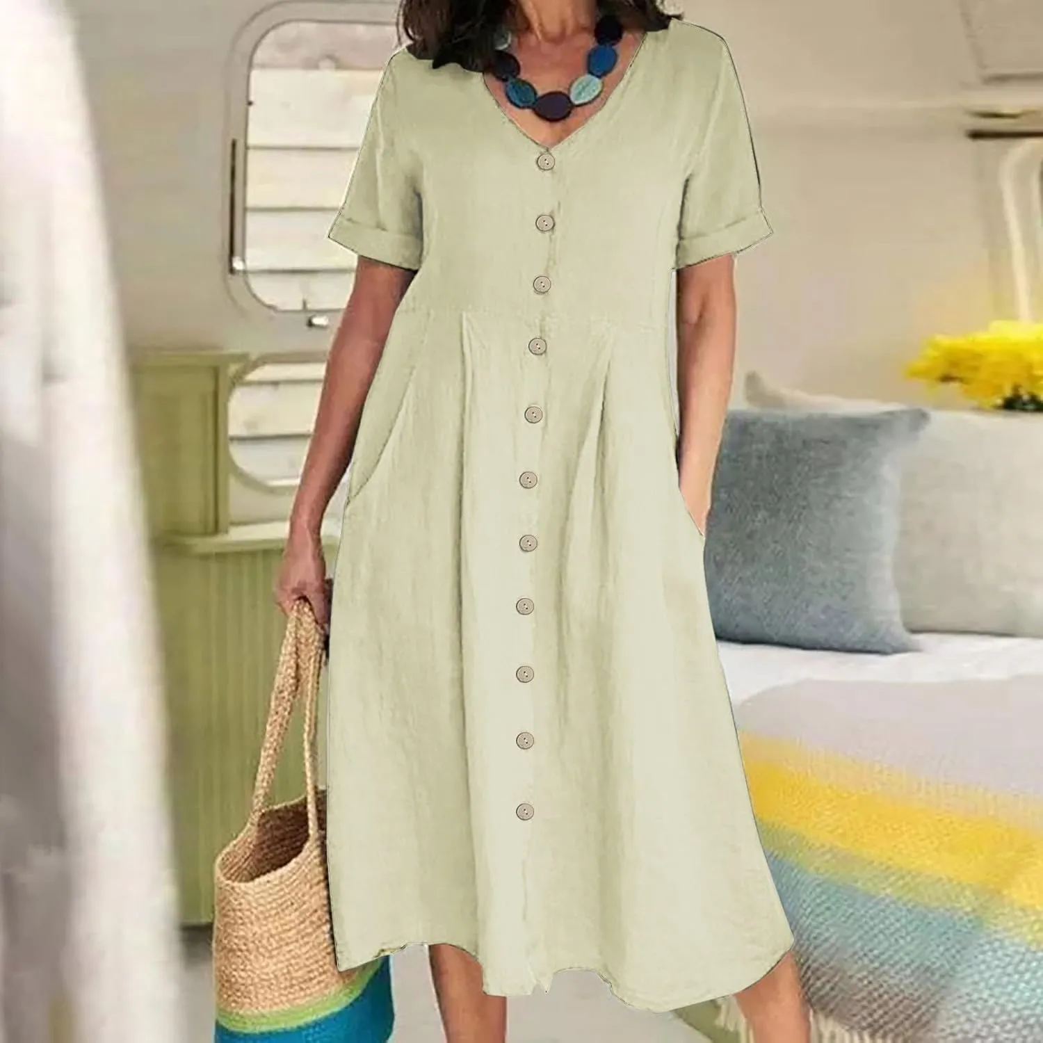 Women's Beach Dress Summer Casual Loose Trendy Short Sleeve V-Neck Solid Button Linen Dresses 2025 Plus Size, S-5XL