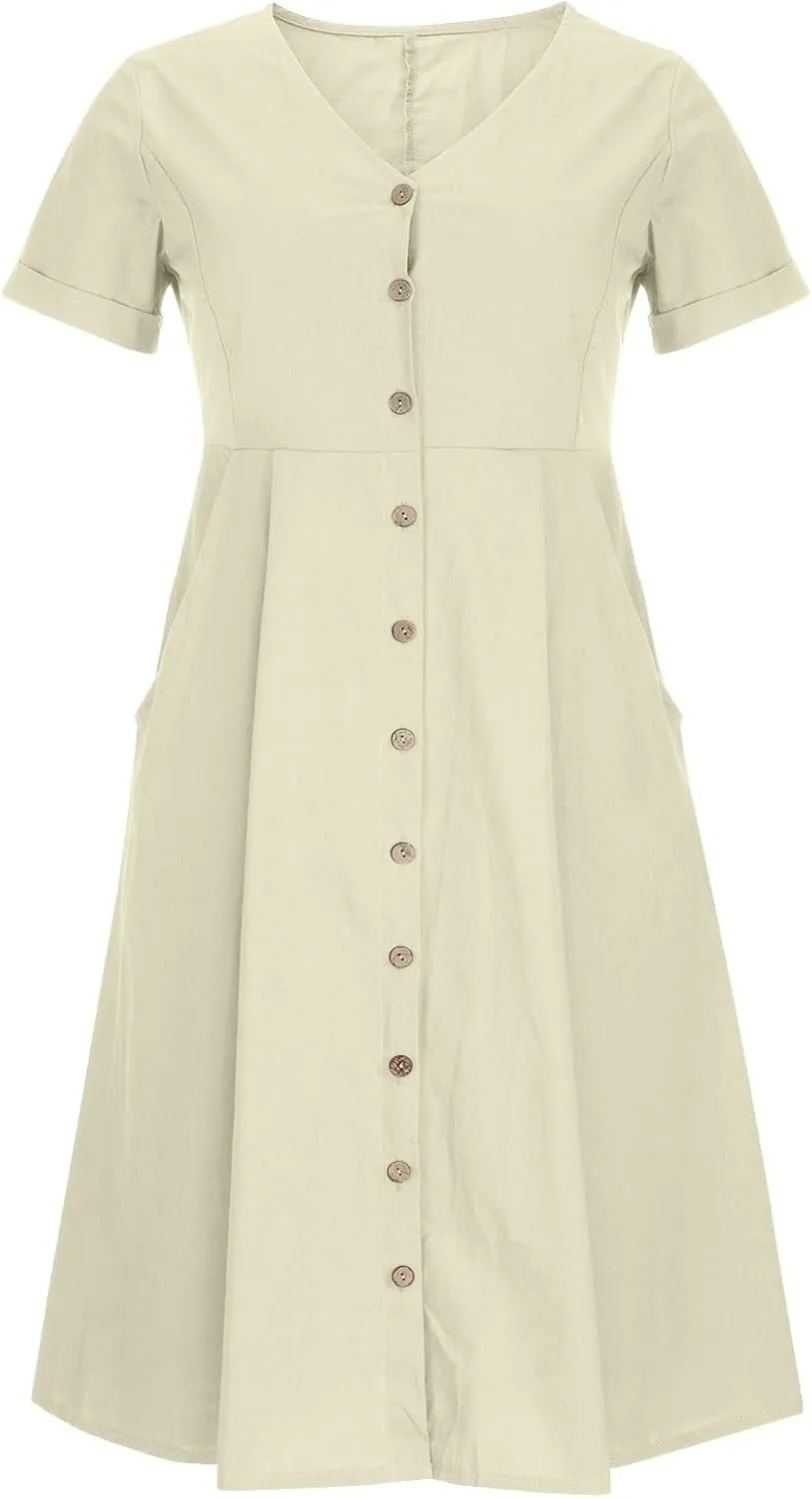 Women's Beach Dress Summer Casual Loose Trendy Short Sleeve V-Neck Solid Button Linen Dresses 2025 Plus Size, S-5XL