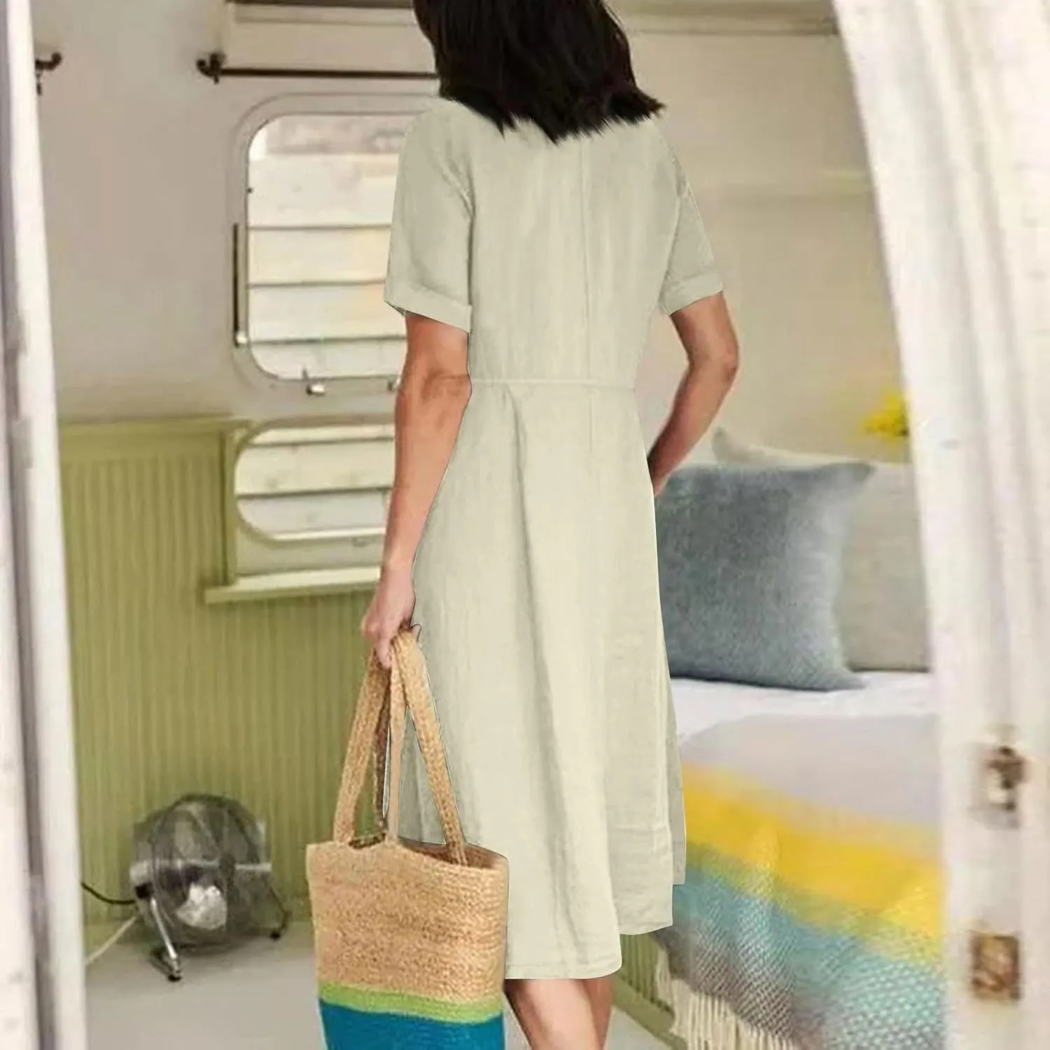 Women's Beach Dress Summer Casual Loose Trendy Short Sleeve V-Neck Solid Button Linen Dresses 2025 Plus Size, S-5XL