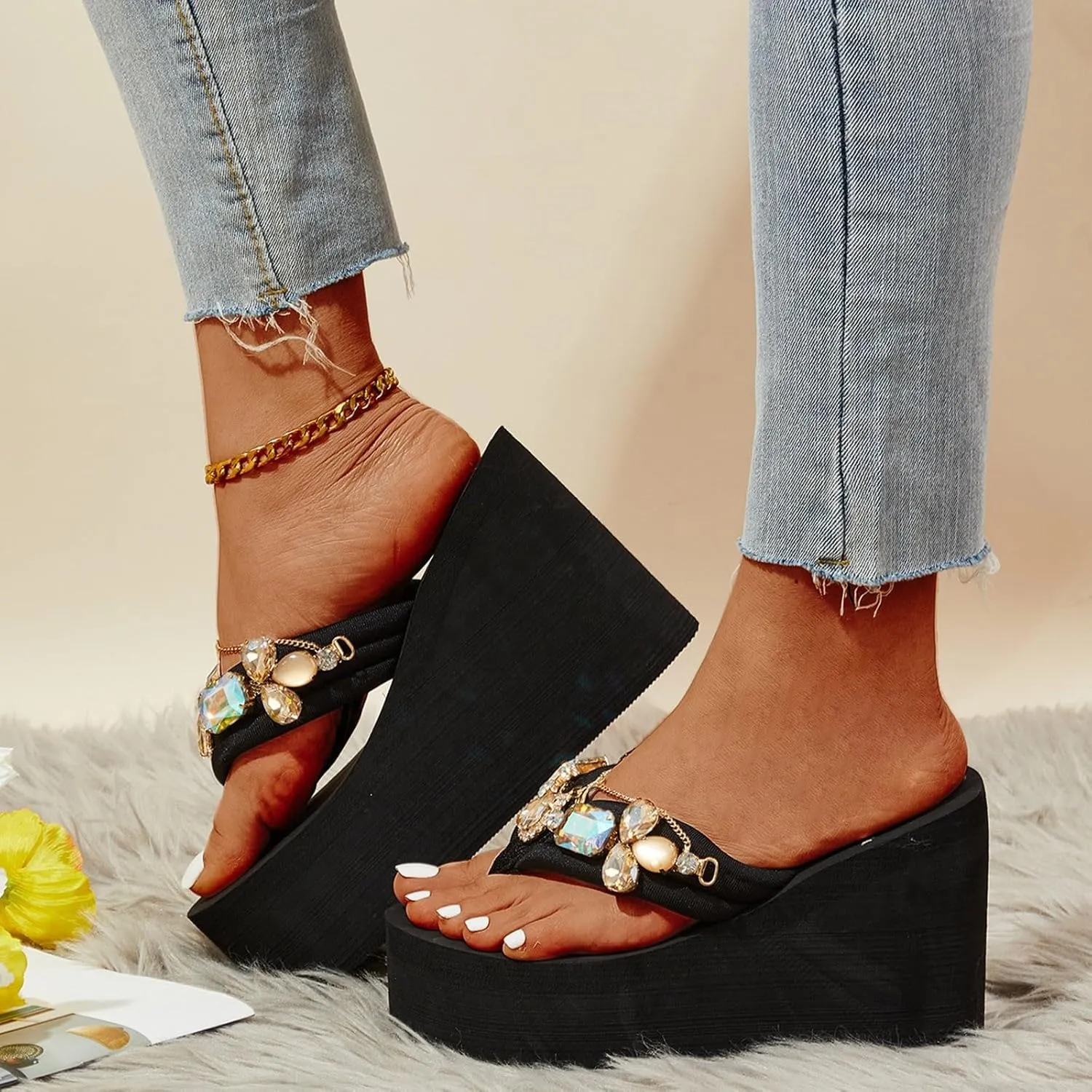 Womens Beach Sandals Ladies Shoes Wedge Thick Sole Thick High Heel Flip Flops Studded Flip Flops for Women Bow Tie
