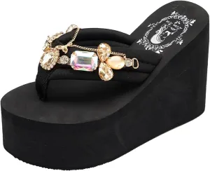 Womens Beach Sandals Ladies Shoes Wedge Thick Sole Thick High Heel Flip Flops Studded Flip Flops for Women Bow Tie