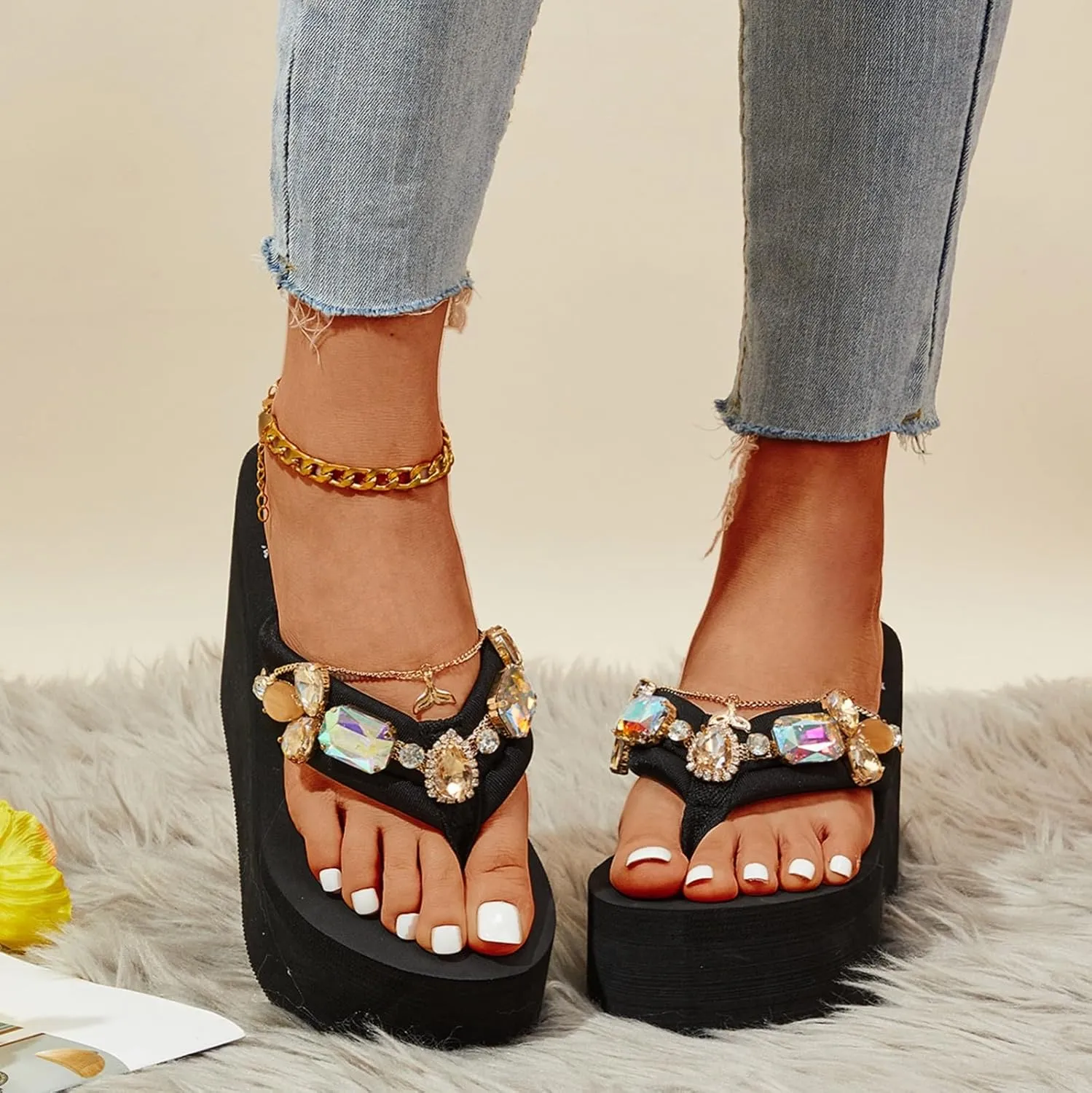 Womens Beach Sandals Ladies Shoes Wedge Thick Sole Thick High Heel Flip Flops Studded Flip Flops for Women Bow Tie