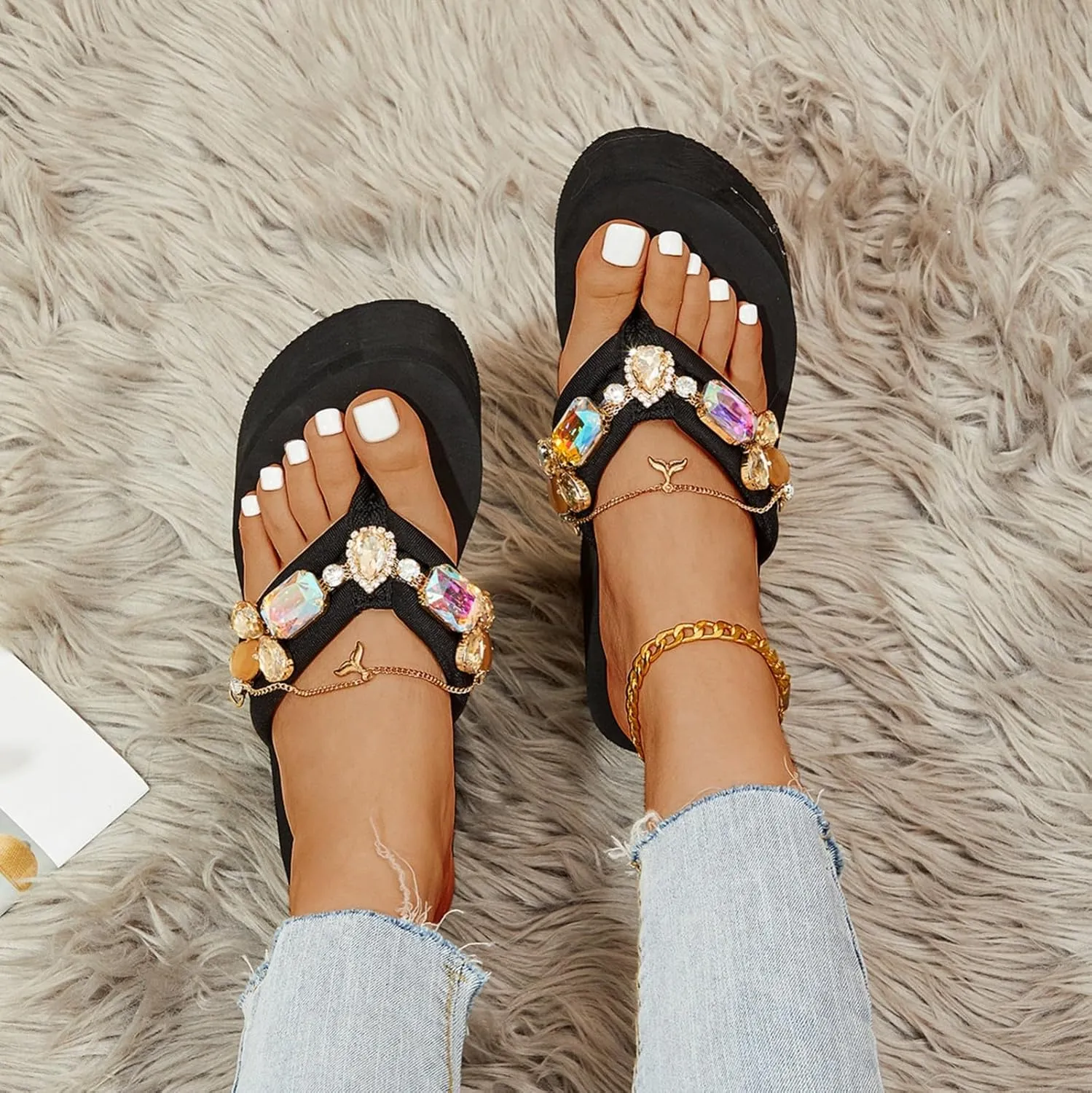 Womens Beach Sandals Ladies Shoes Wedge Thick Sole Thick High Heel Flip Flops Studded Flip Flops for Women Bow Tie