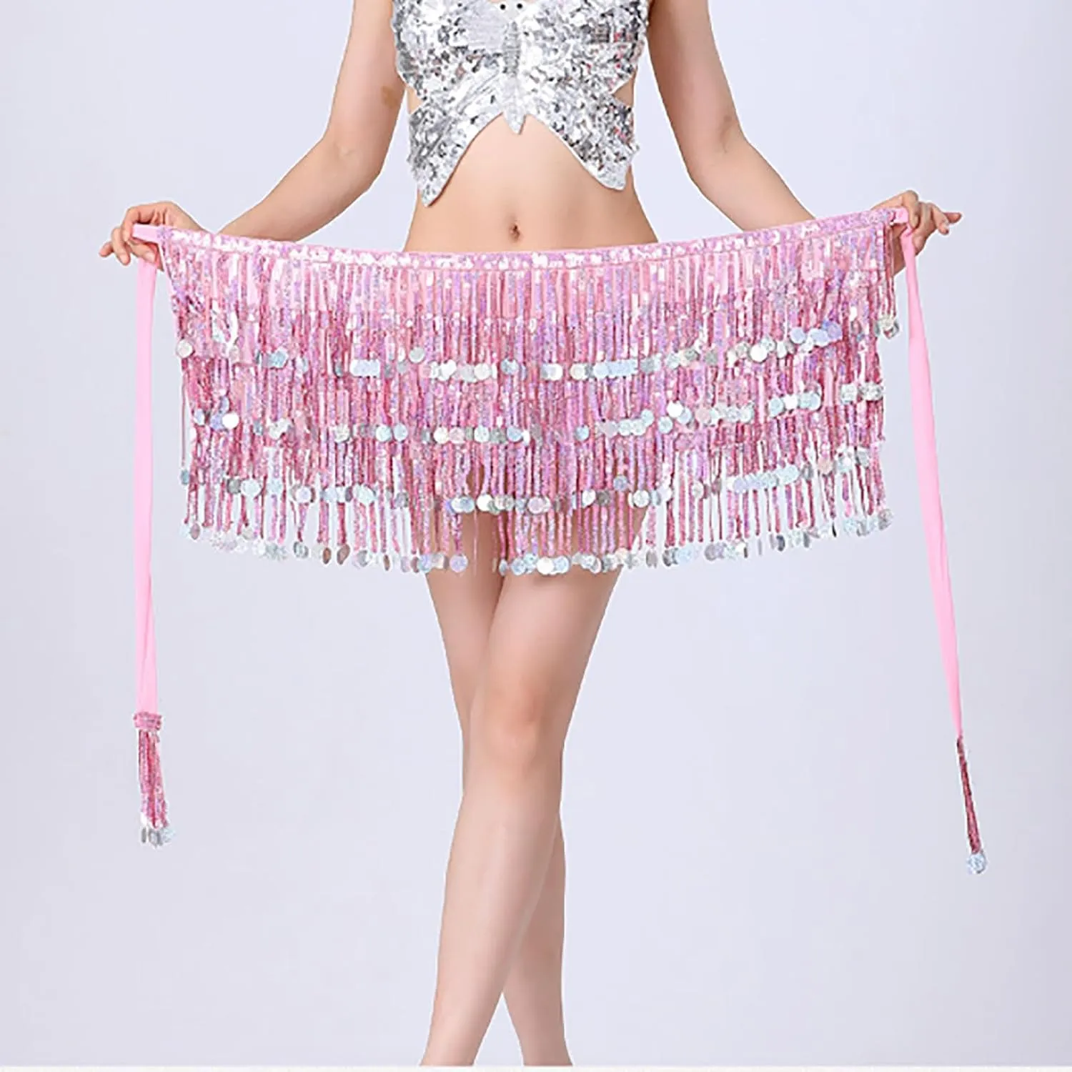 Womens Belly Dance Hip Scarf with Sparkly Fringe, Rave Party Sequin Skirt Club Costume Festival Tassel Skirt