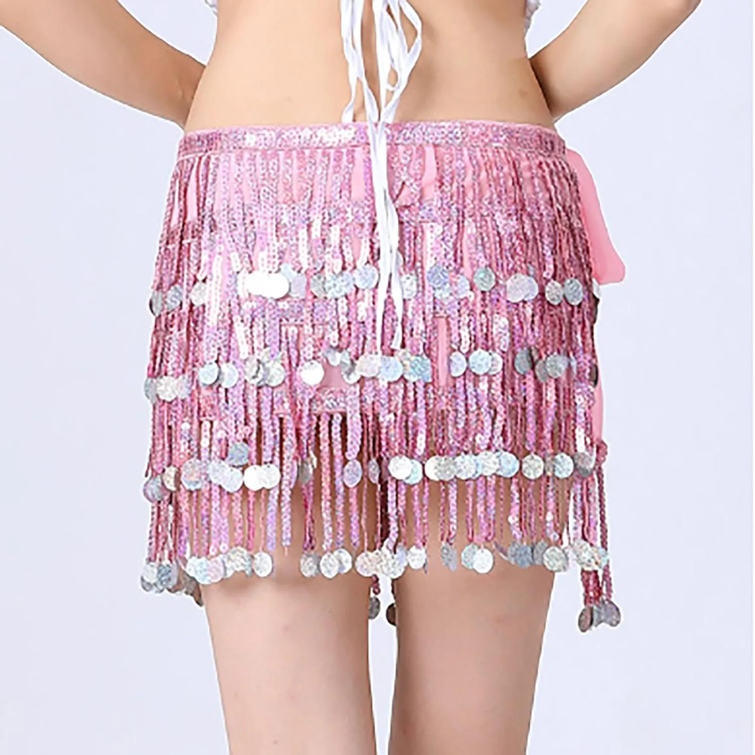 Womens Belly Dance Hip Scarf with Sparkly Fringe, Rave Party Sequin Skirt Club Costume Festival Tassel Skirt