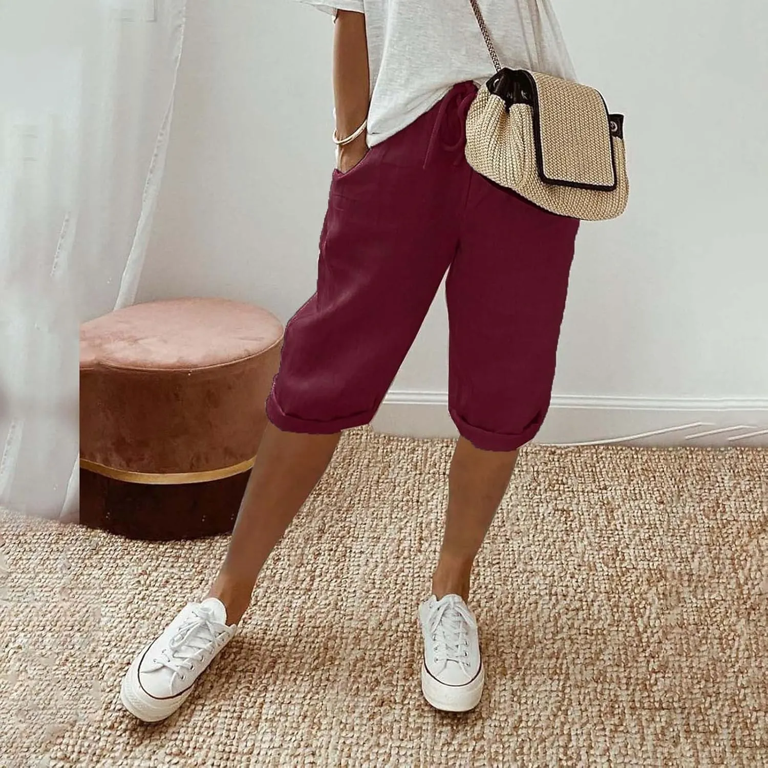 Women's Bermuda Knee Length Long Shorts for Summer Wide Leg Cotton Linen Shorts Comfy Shorts High Waisted Shorts