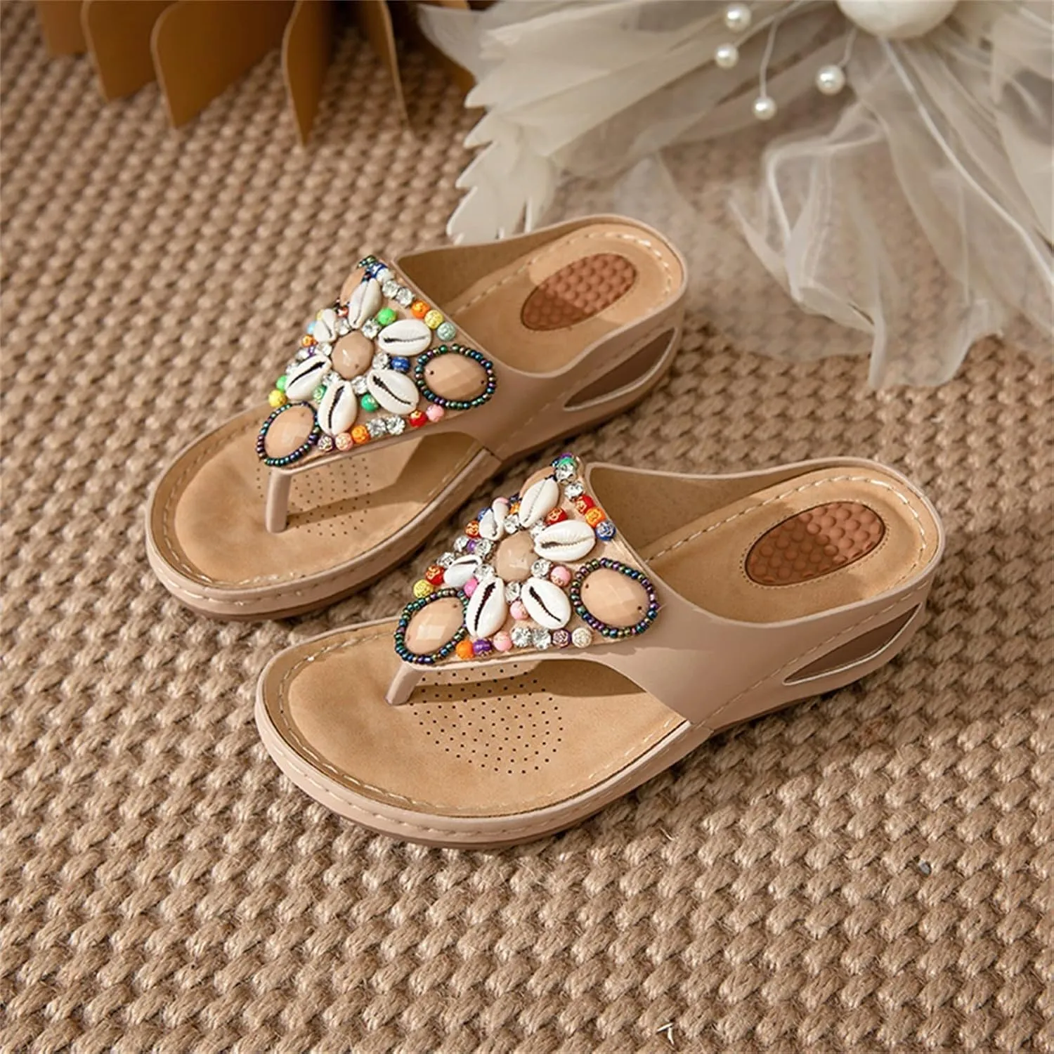 Women's Bohemia Beaded Wedge Sandals Orthopedic T-strap Slip On Comfort Beach Flip Flops Bling Shell Summer Thong Slippers