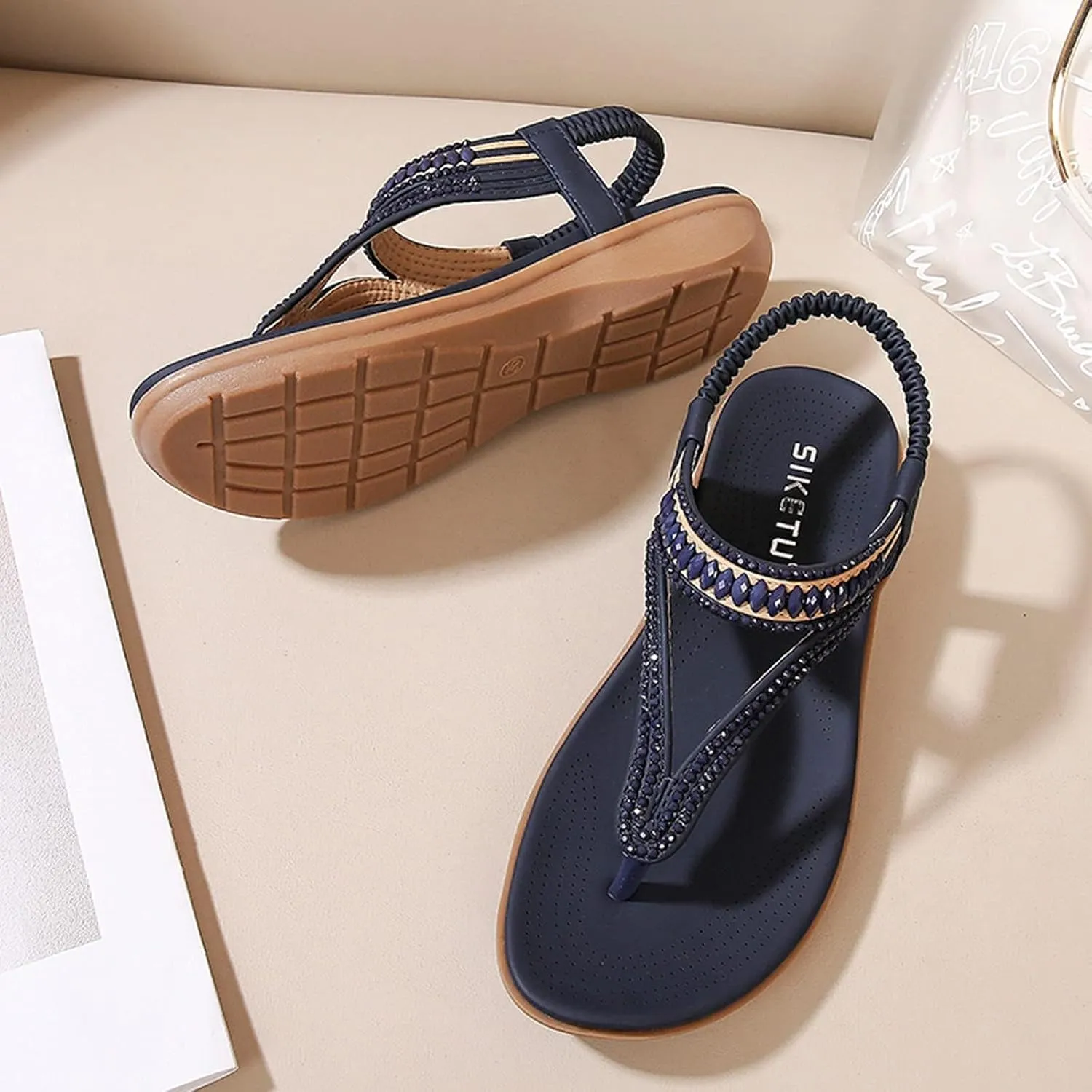 Women's Bohemian Rhinestone T-Strap Flat Sandals Summer Flipflops Embellished Beach Thong Sandal Comfort Arch Support Flops Wedding Crystal Beaded Dress Flip-Flop Gladiator Shoes Plus-Size