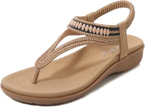 Women's Bohemian Rhinestone T-Strap Flat Sandals Summer Flipflops Embellished Beach Thong Sandal Comfort Arch Support Flops Wedding Crystal Beaded Dress Flip-Flop Gladiator Shoes Plus-Size