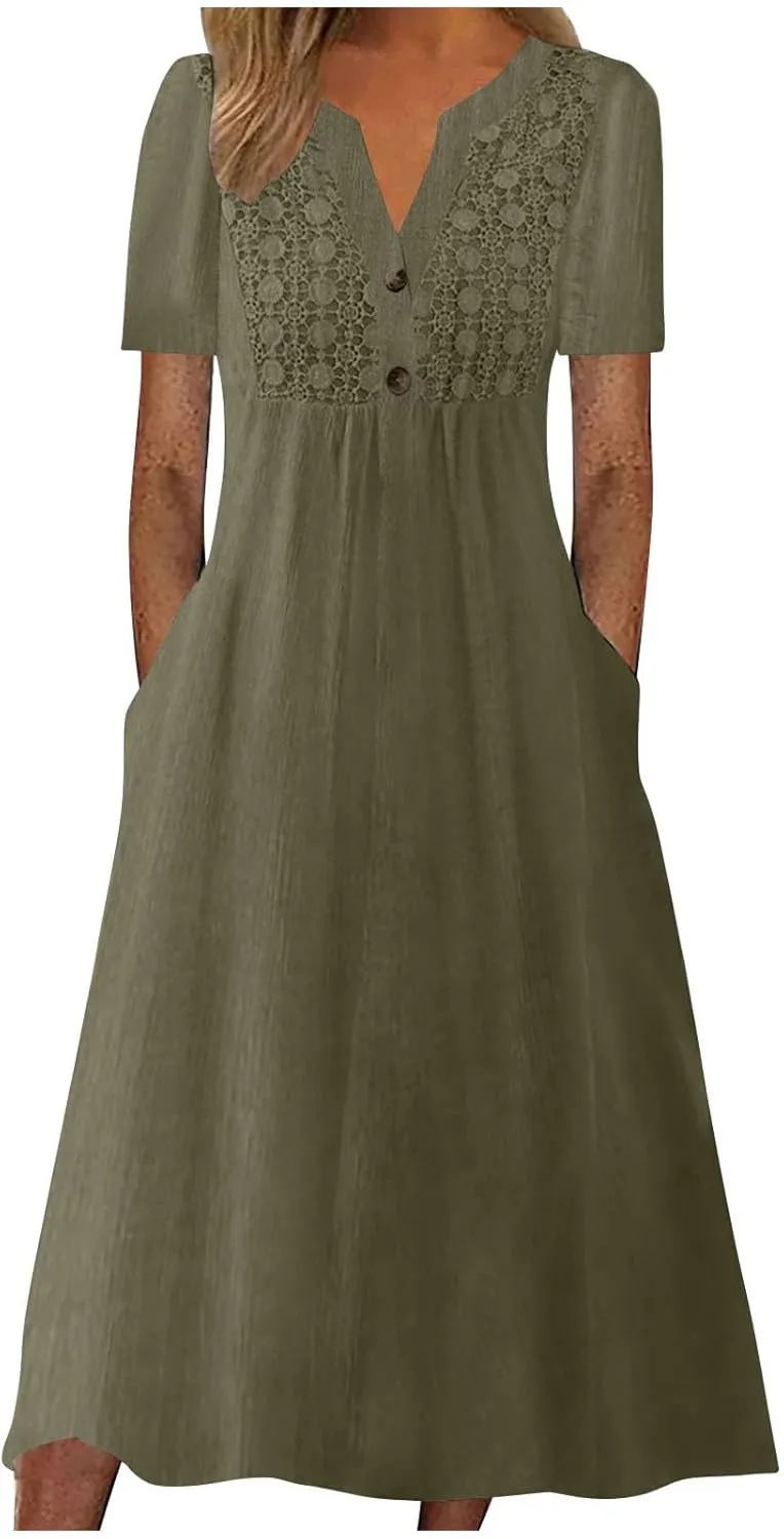 Women's Boho Floral Flowy A Line Midi Dress Casual Loose Summer Short Sleeve Beach Vacation Dresses with Pockets, Medium, Zc-ag