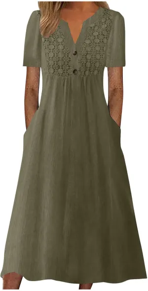 Women's Boho Floral Flowy A Line Midi Dress Casual Loose Summer Short Sleeve Beach Vacation Dresses with Pockets, XX-Large, Zc-ag