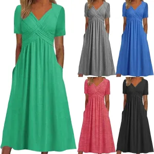 Women's Boho Floral Flowy A Line Midi Dress Casual Summer Short Sleeve Beach Vacation Dresses with Pockets