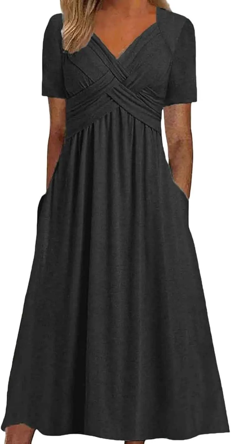 Women's Boho Floral Flowy A Line Midi Dress Casual Summer Short Sleeve Beach Vacation Dresses with Pockets