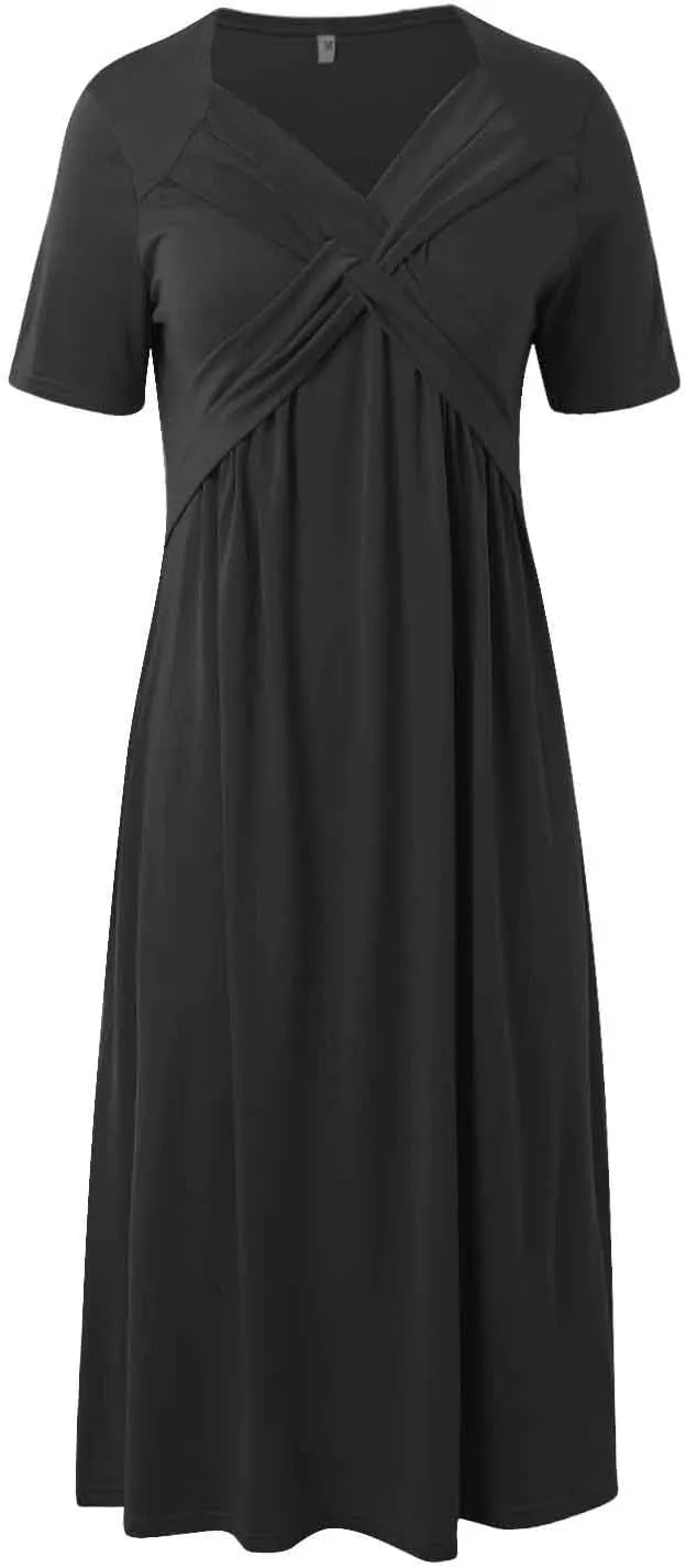 Women's Boho Floral Flowy A Line Midi Dress Casual Summer Short Sleeve Beach Vacation Dresses with Pockets