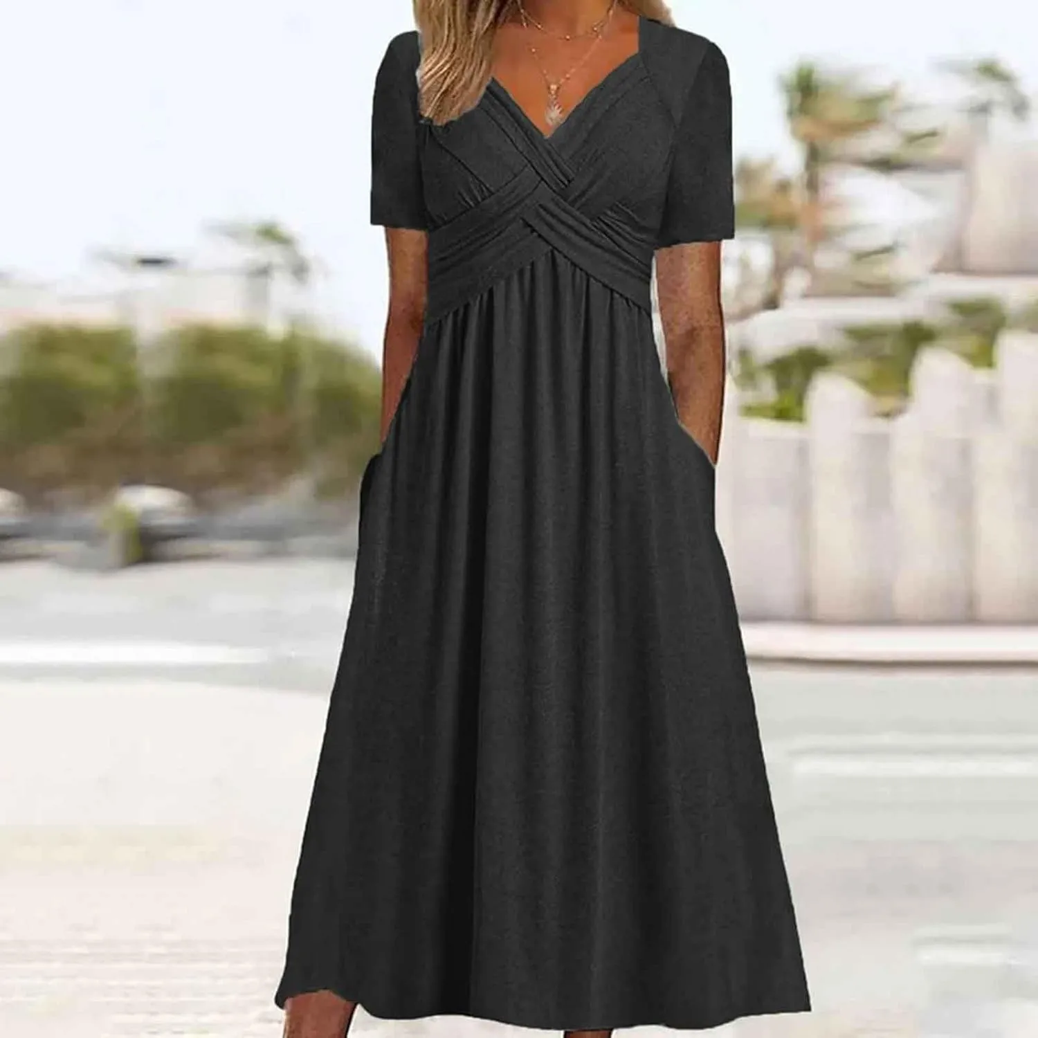 Women's Boho Floral Flowy A Line Midi Dress Casual Summer Short Sleeve Beach Vacation Dresses with Pockets
