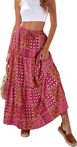Women's Boho Floral Print Skirt Elastic High Waist Pleated A Line Midi Ruffles Skirt Summer Beach Vacation Casual Skirt