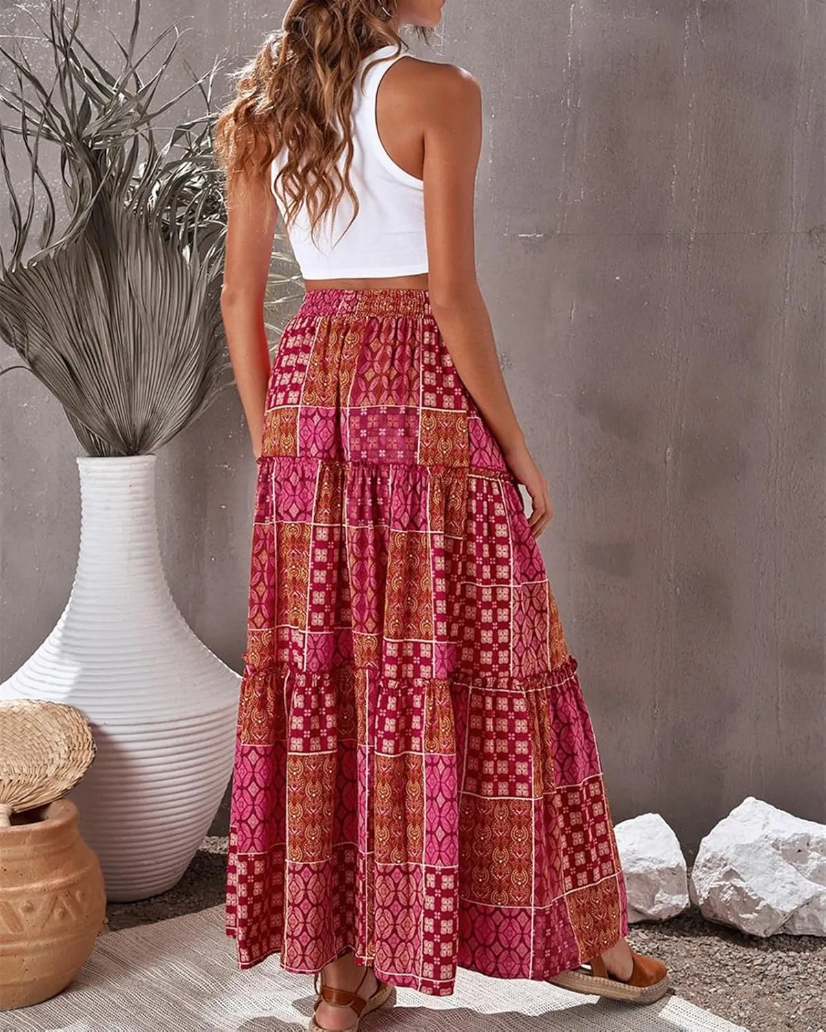 Women's Boho Floral Print Skirt Elastic High Waist Pleated A Line Midi Ruffles Skirt Summer Beach Vacation Casual Skirt