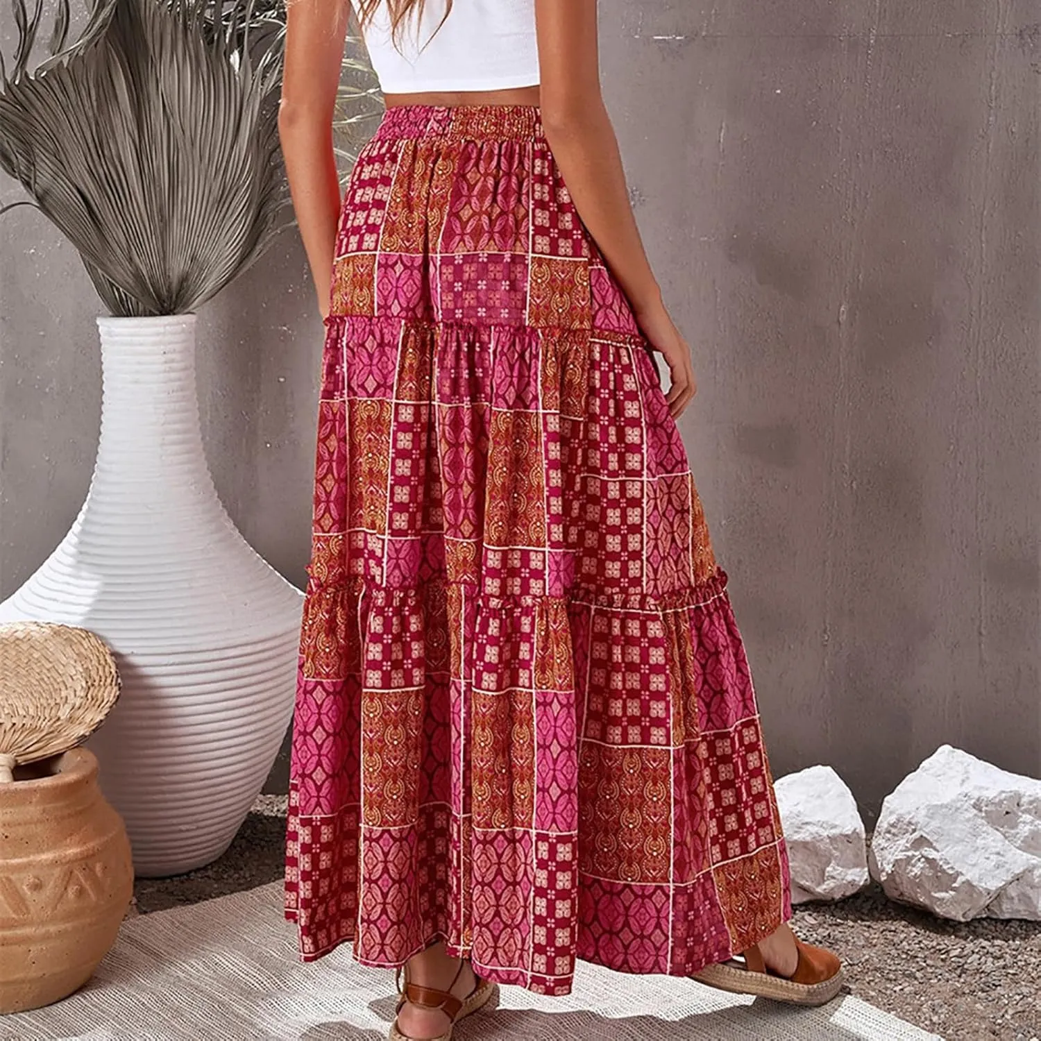 Women's Boho Floral Print Skirt Elastic High Waist Pleated A Line Midi Ruffles Skirt Summer Beach Vacation Casual Skirt