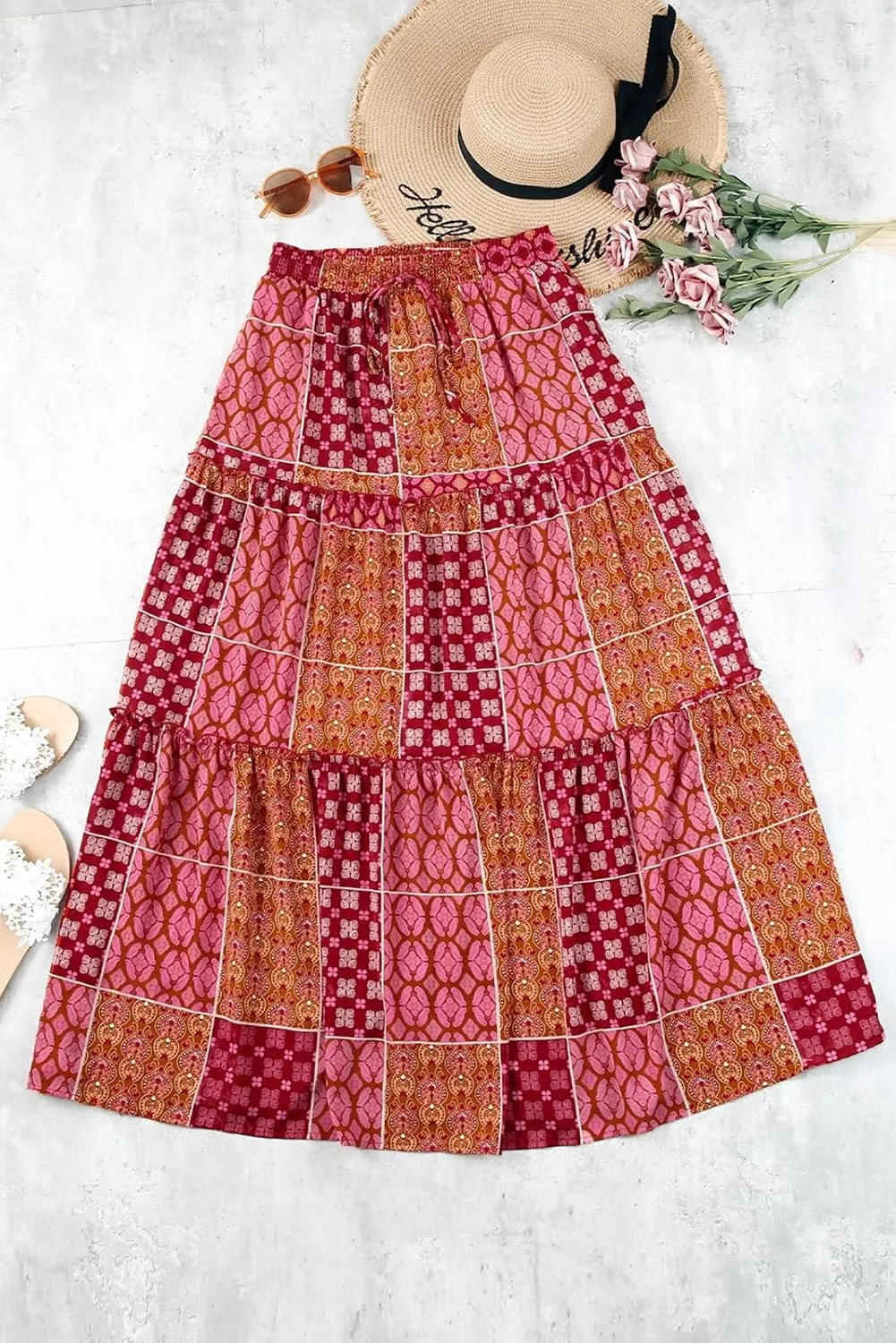 Women's Boho Floral Print Skirt Elastic High Waist Pleated A Line Midi Ruffles Skirt Summer Beach Vacation Casual Skirt