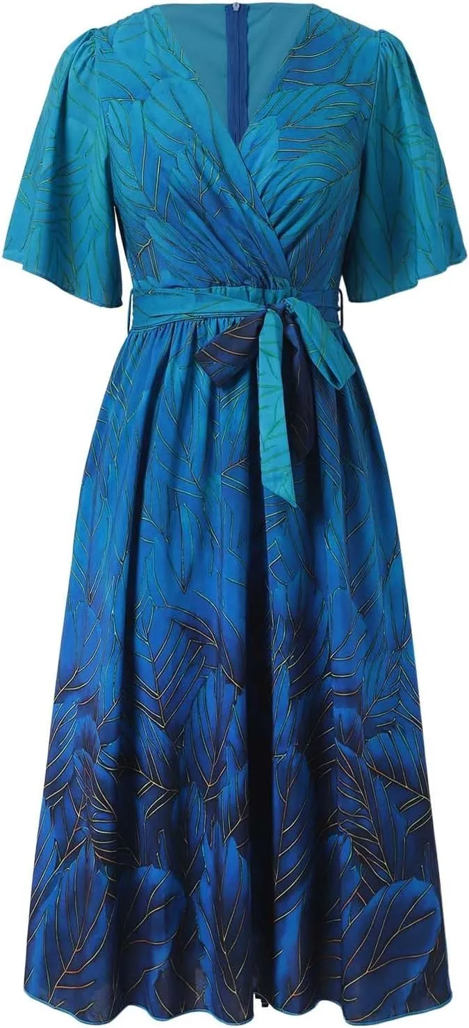 Womens Boho Floral Printed Chiffon Dresses 2025 Elegant V Neck Short Sleeve Belted Summer Wedding Prom Midi Dress
