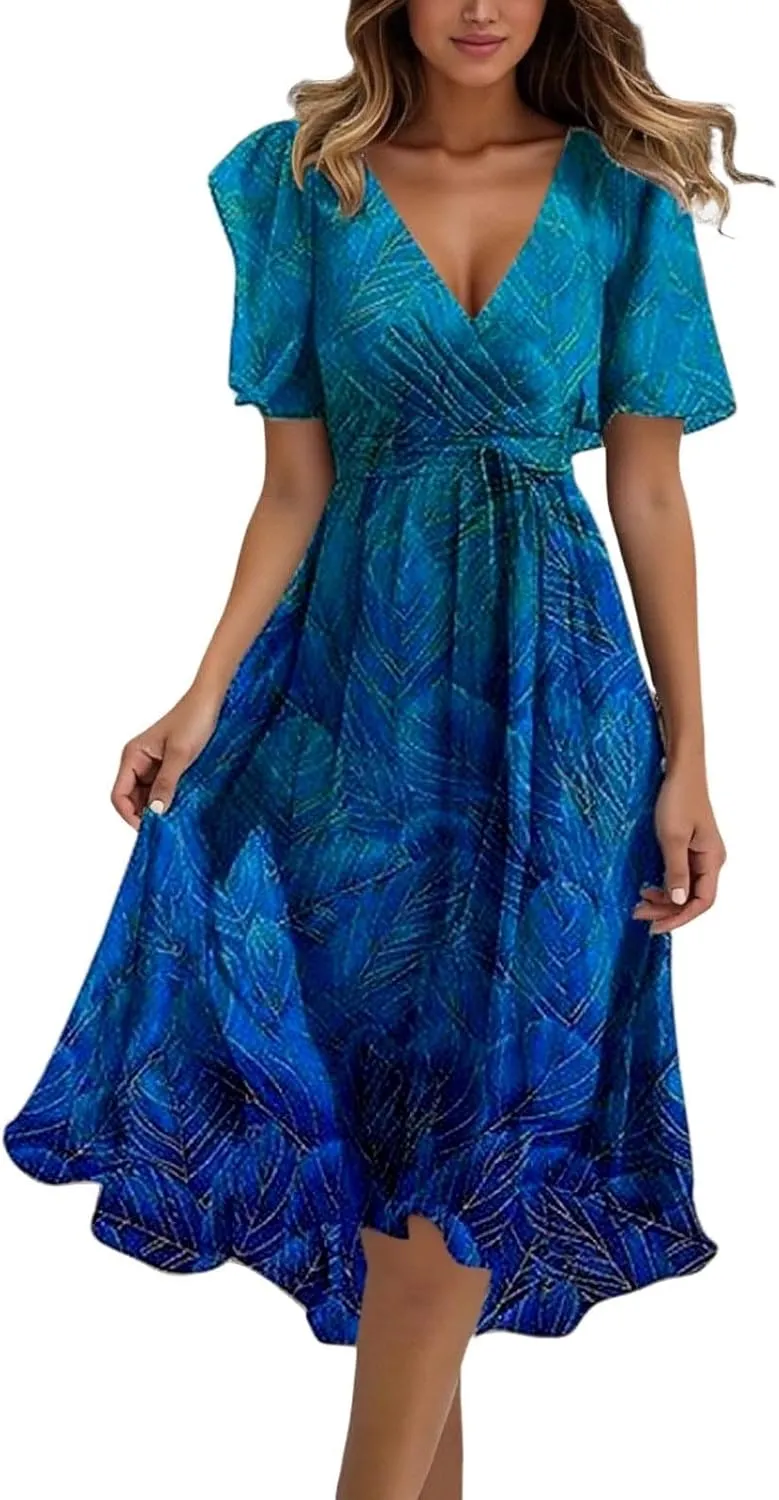 Womens Boho Floral Printed Chiffon Dresses 2025 Elegant V Neck Short Sleeve Belted Summer Wedding Prom Midi Dress