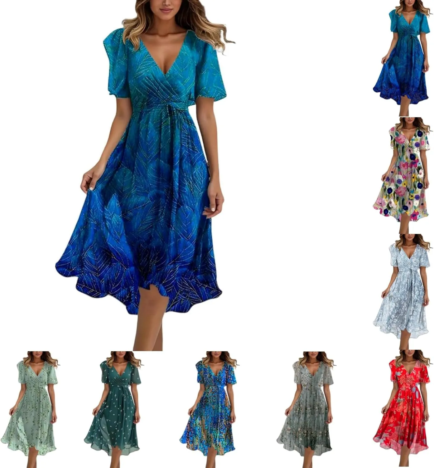 Womens Boho Floral Printed Chiffon Dresses 2025 Elegant V Neck Short Sleeve Belted Summer Wedding Prom Midi Dress