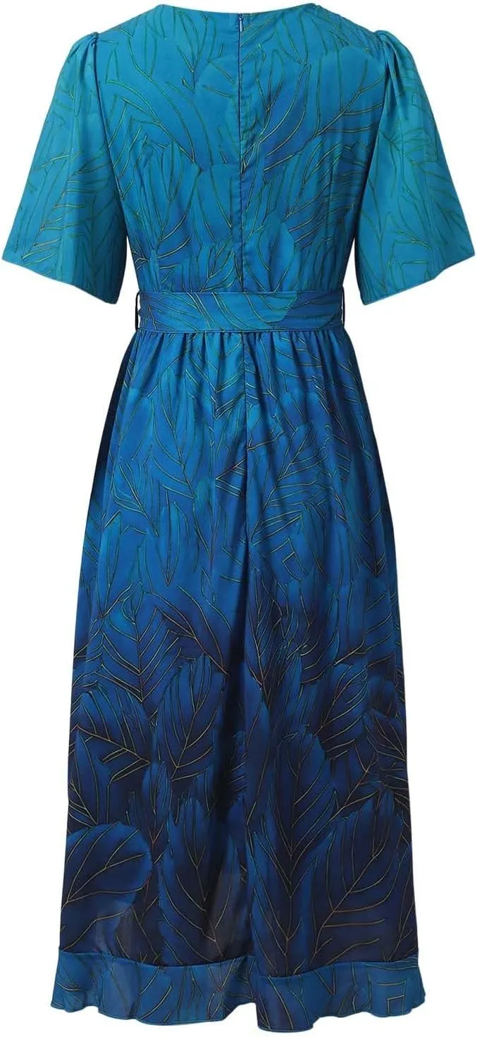Womens Boho Floral Printed Chiffon Dresses 2025 Elegant V Neck Short Sleeve Belted Summer Wedding Prom Midi Dress
