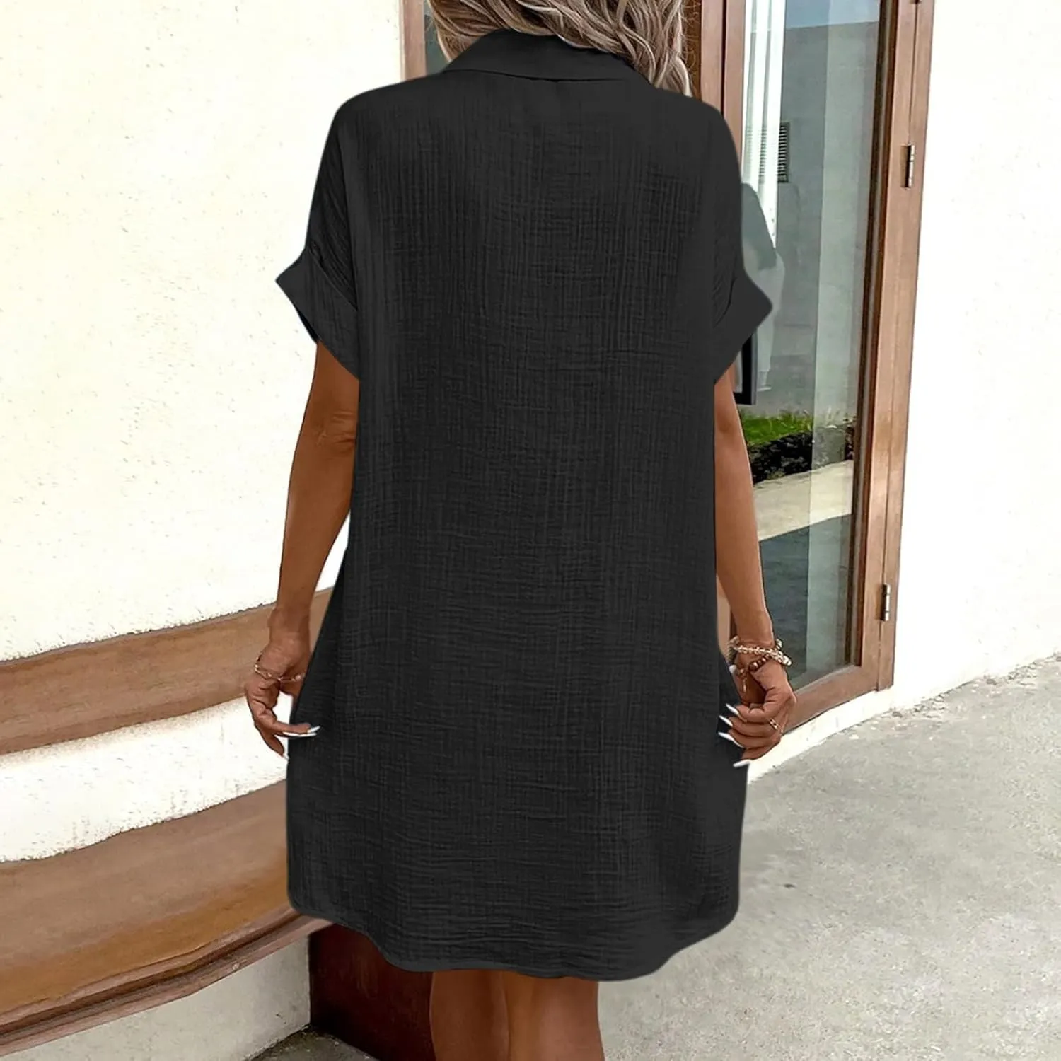 Womens Button Down Shirt Dress Summer Cotton Linen Dress V-Neck Mini Dress Casual Short Sleeve Loose Tunic Shift Dresses