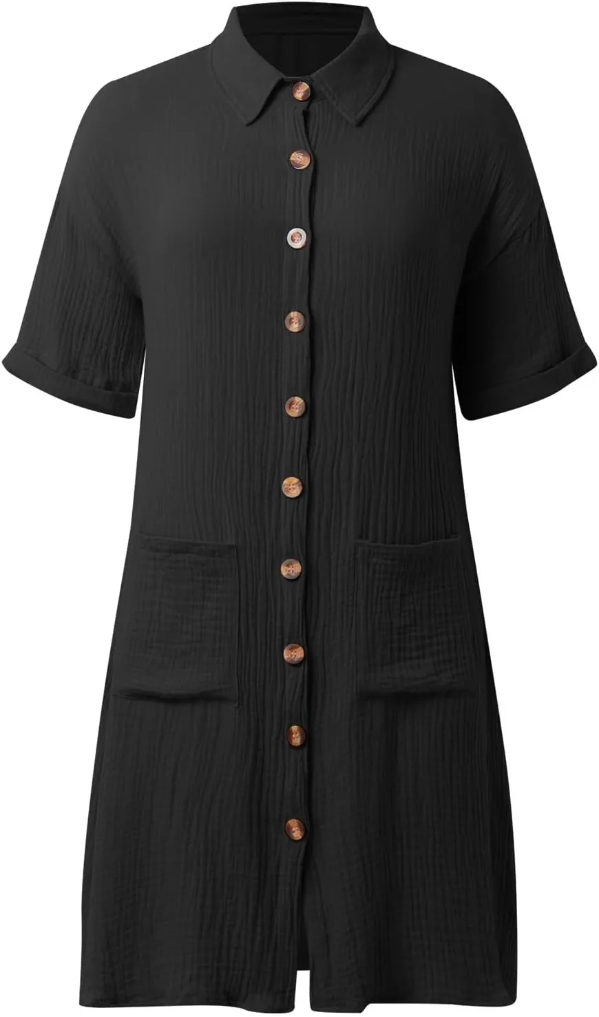 Womens Button Down Shirt Dress Summer Cotton Linen Dress V-Neck Mini Dress Casual Short Sleeve Loose Tunic Shift Dresses