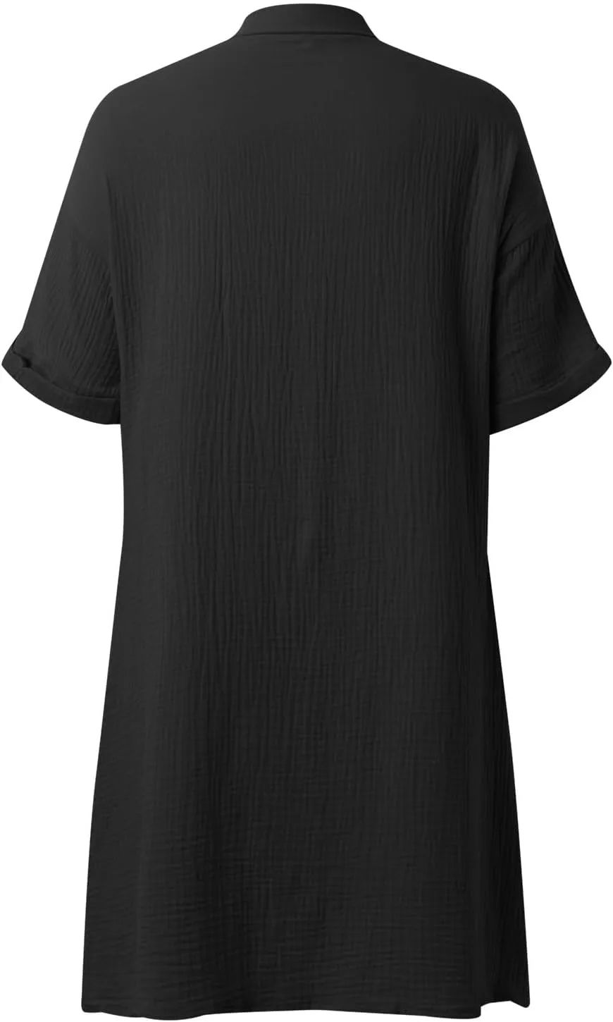 Womens Button Down Shirt Dress Summer Cotton Linen Dress V-Neck Mini Dress Casual Short Sleeve Loose Tunic Shift Dresses