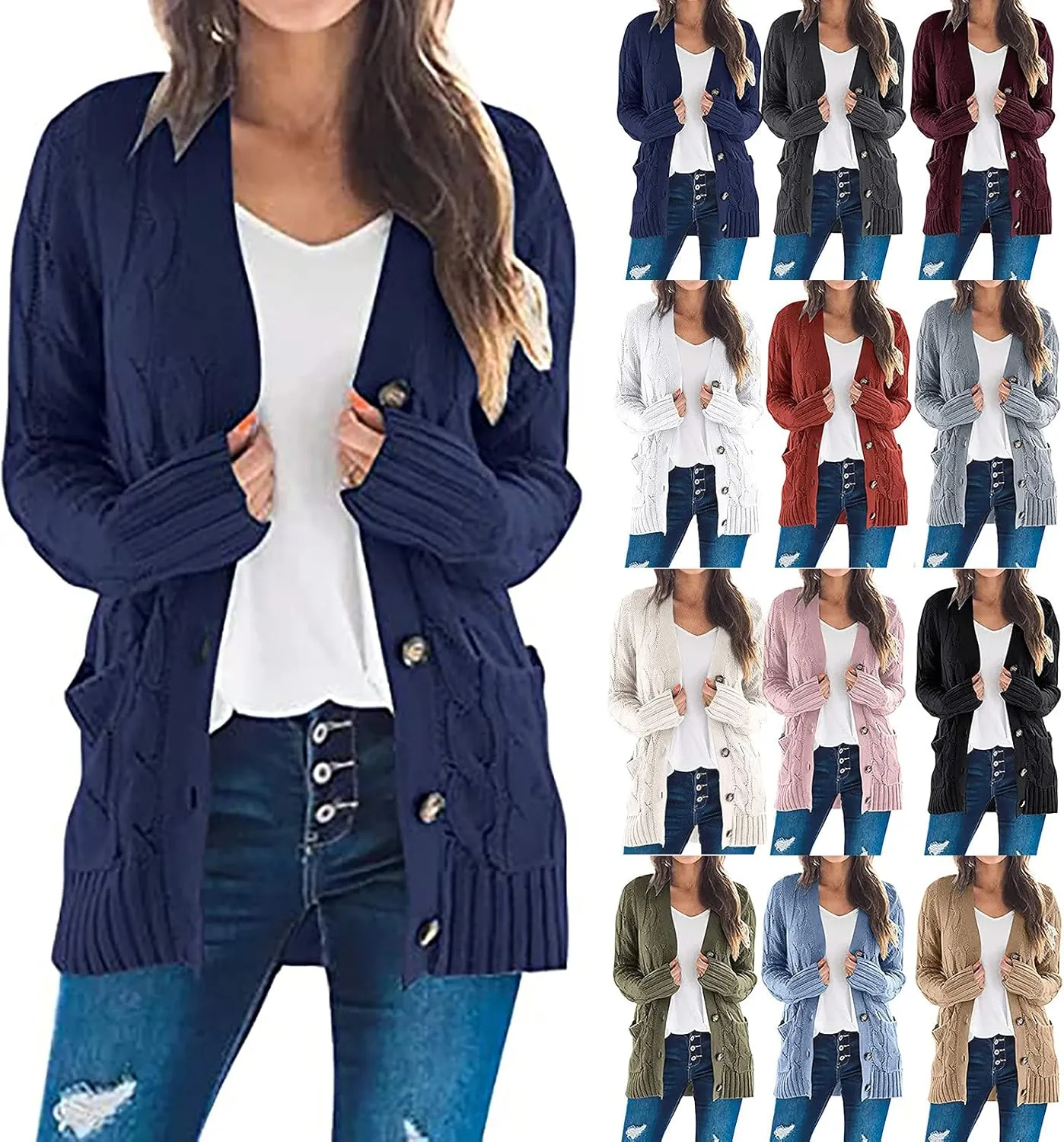 Women's Cardigan Chunky Open Front Button Sweaters with Pockets Loose Slouchy Oversized Fall Outerwear Coat