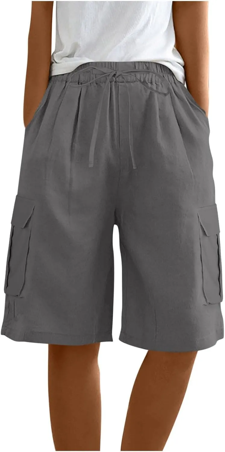 Women's Cargo Bermuda Shorts 2025 Summer Linen Wide Leg Pants Elastic Waisted Casual Baggy Beach Shorts with Pockets