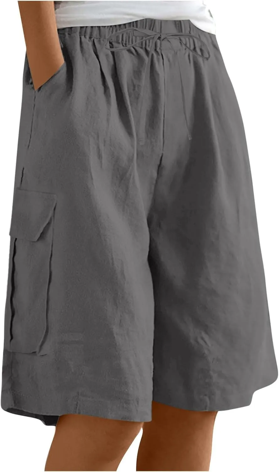 Women's Cargo Bermuda Shorts 2025 Summer Linen Wide Leg Pants Elastic Waisted Casual Baggy Beach Shorts with Pockets