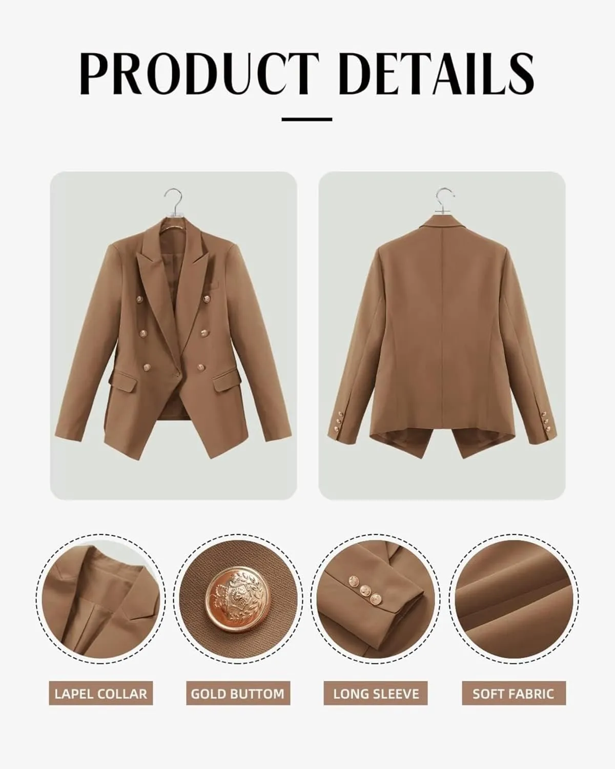 Womens Casual Blazer Lightweight Gold Button Long Sleeve Lapel Jacket Work 0ffice Suit Cardigan