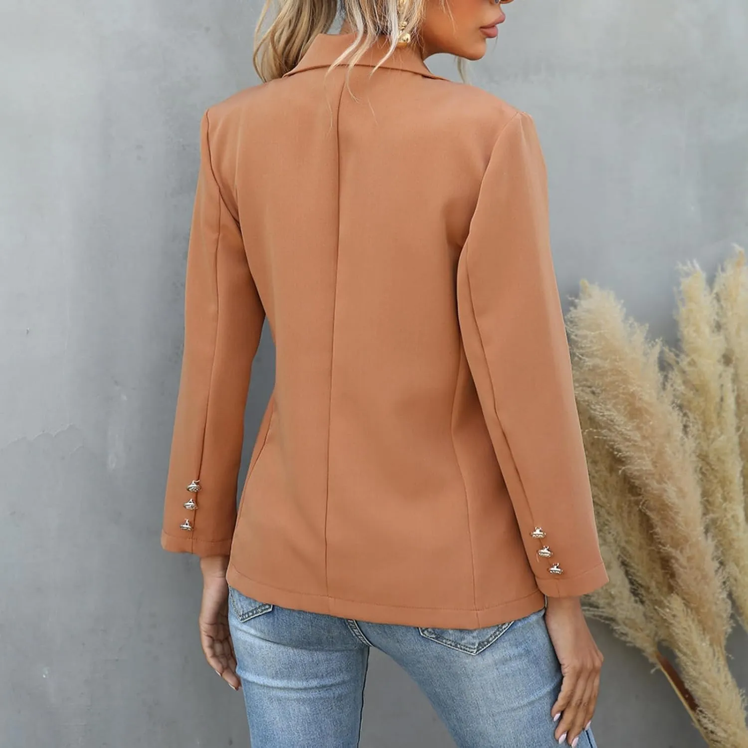 Womens Casual Blazer Lightweight Gold Button Long Sleeve Lapel Jacket Work 0ffice Suit Cardigan