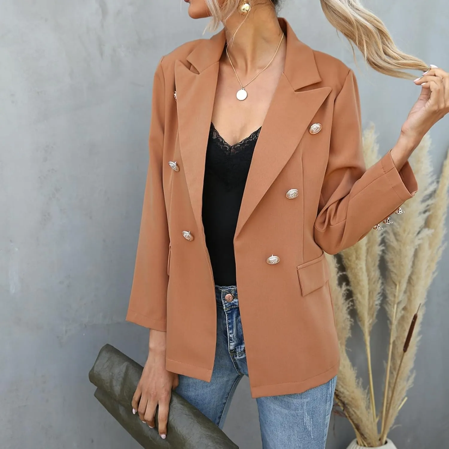 Womens Casual Blazer Lightweight Gold Button Long Sleeve Lapel Jacket Work 0ffice Suit Cardigan