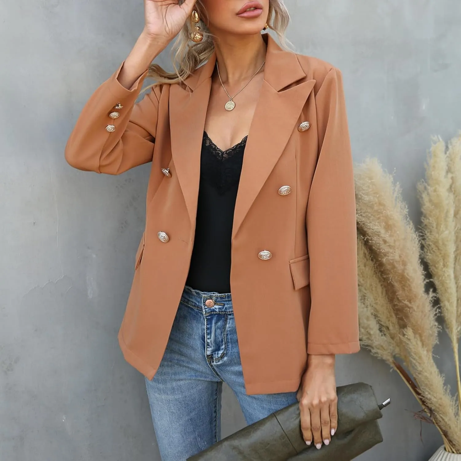 Womens Casual Blazer Lightweight Gold Button Long Sleeve Lapel Jacket Work 0ffice Suit Cardigan