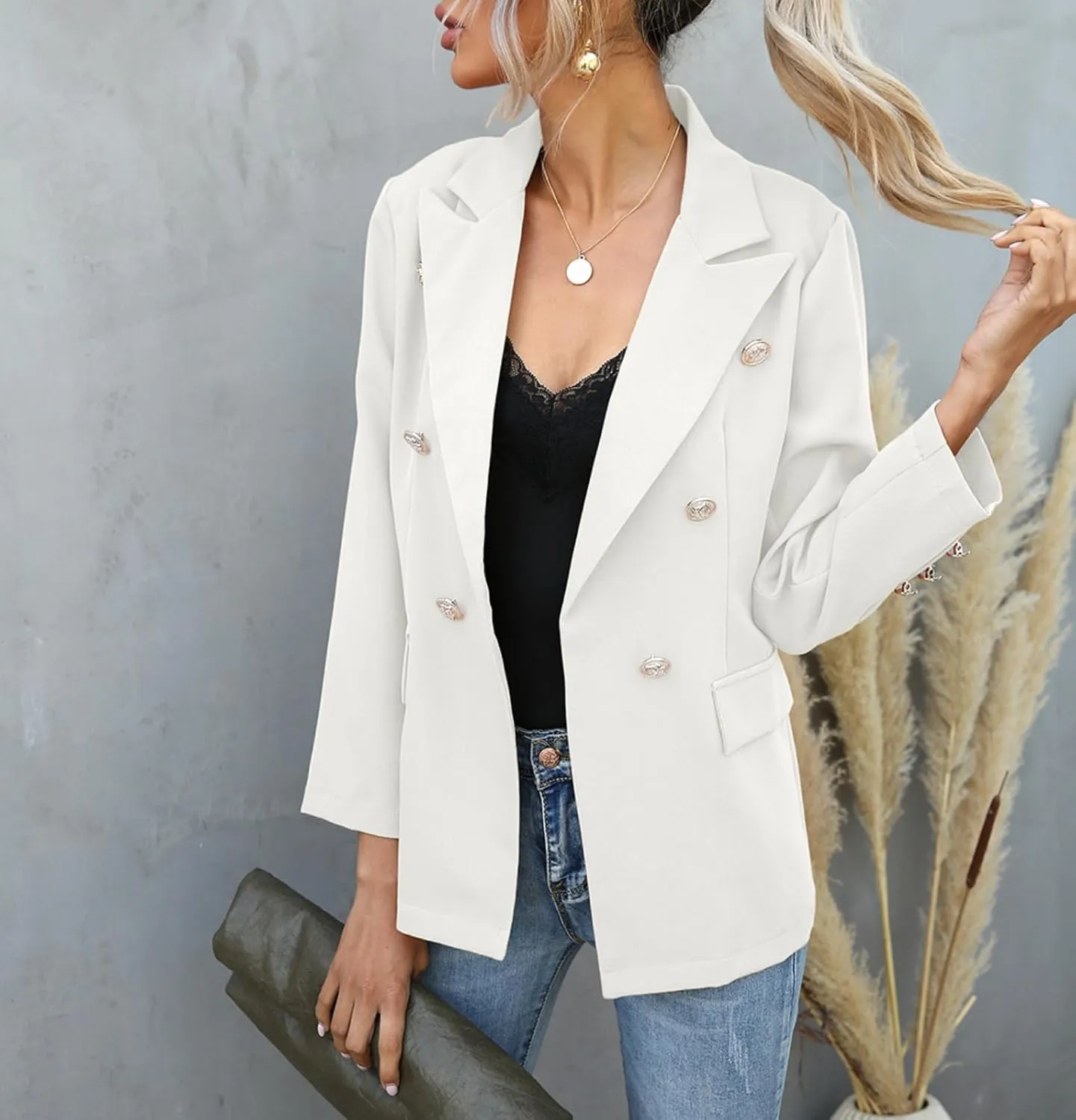Womens Casual Blazer Lightweight Gold Button Long Sleeve Lapel Jacket Work 0ffice Suit Cardigan