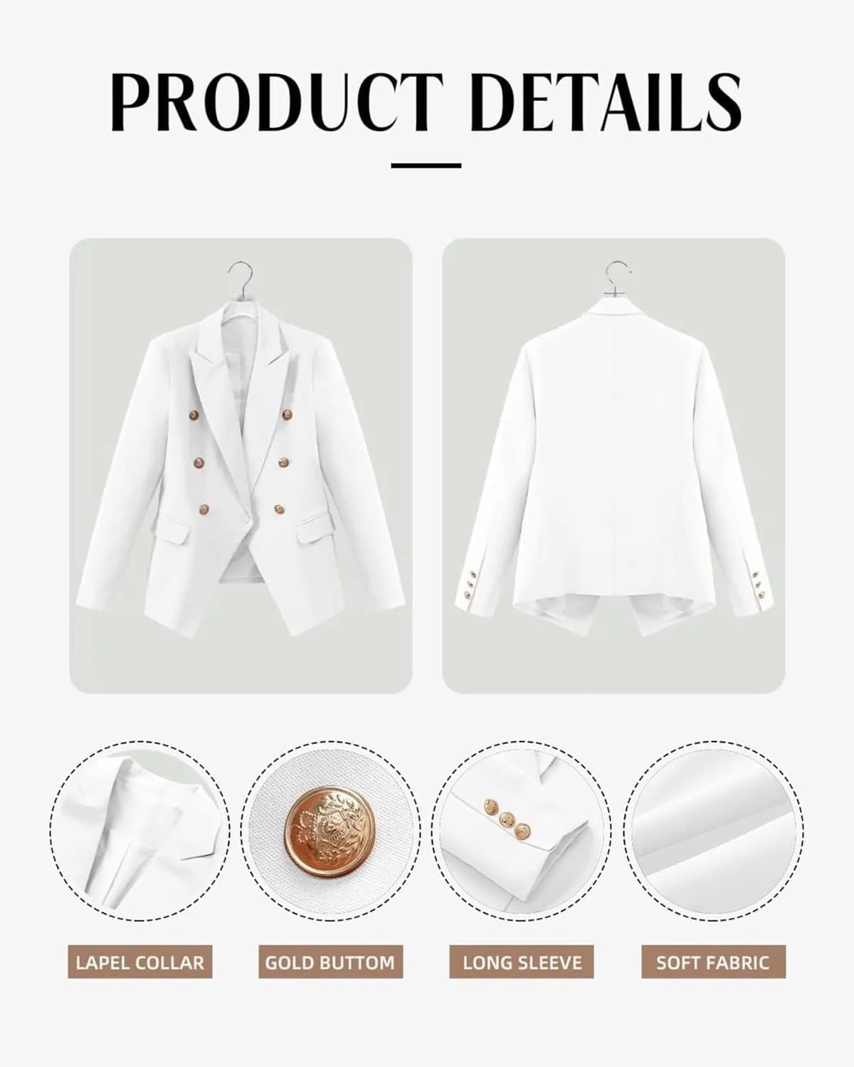 Womens Casual Blazer Lightweight Gold Button Long Sleeve Lapel Jacket Work 0ffice Suit Cardigan