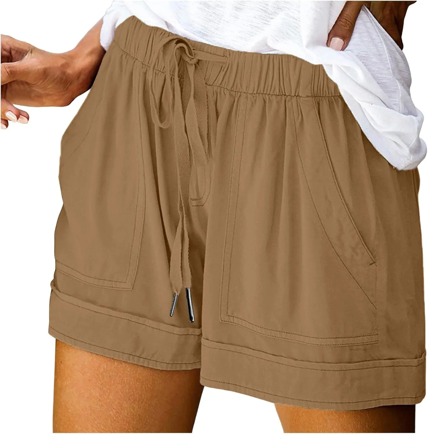 Womens Casual Drawstring Shorts Summer Elastic Waist Shorts Pocketed Pants Comfy Short