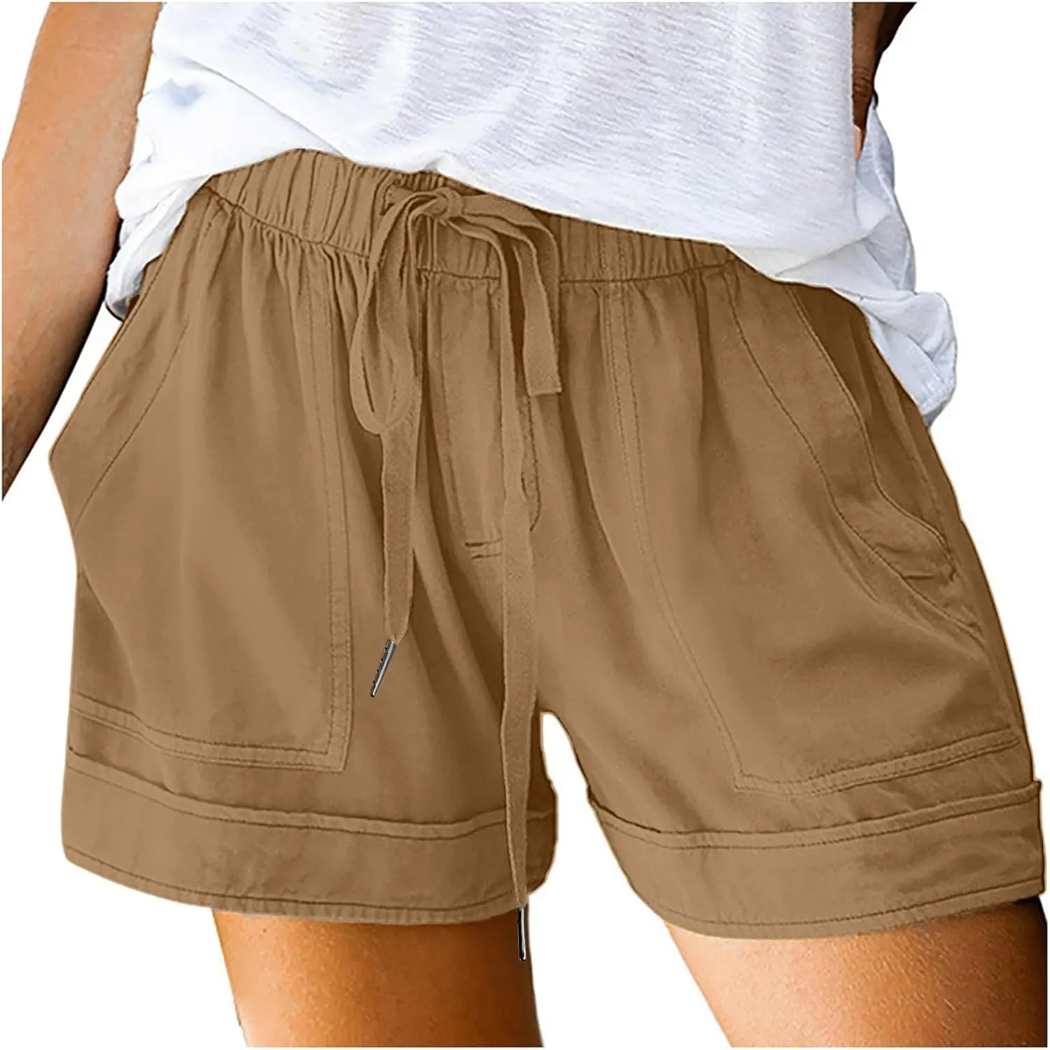 Womens Casual Drawstring Shorts Summer Elastic Waist Shorts Pocketed Pants Comfy Short