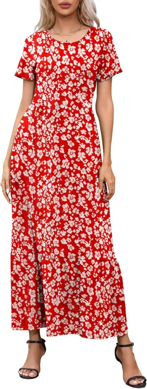Womens Casual Short Sleeve Dresses Crewneck Basic Swing Maxi Dress Flowy Long Sundress with Pockets