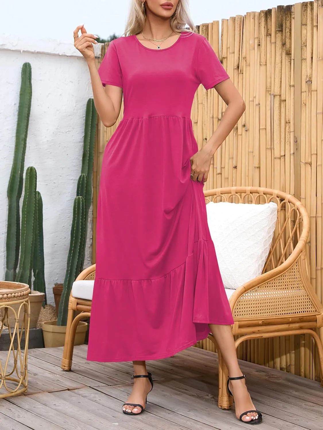 Womens Casual Short Sleeve Dresses Crewneck Basic Swing Maxi Dress Flowy Long Sundress with Pockets