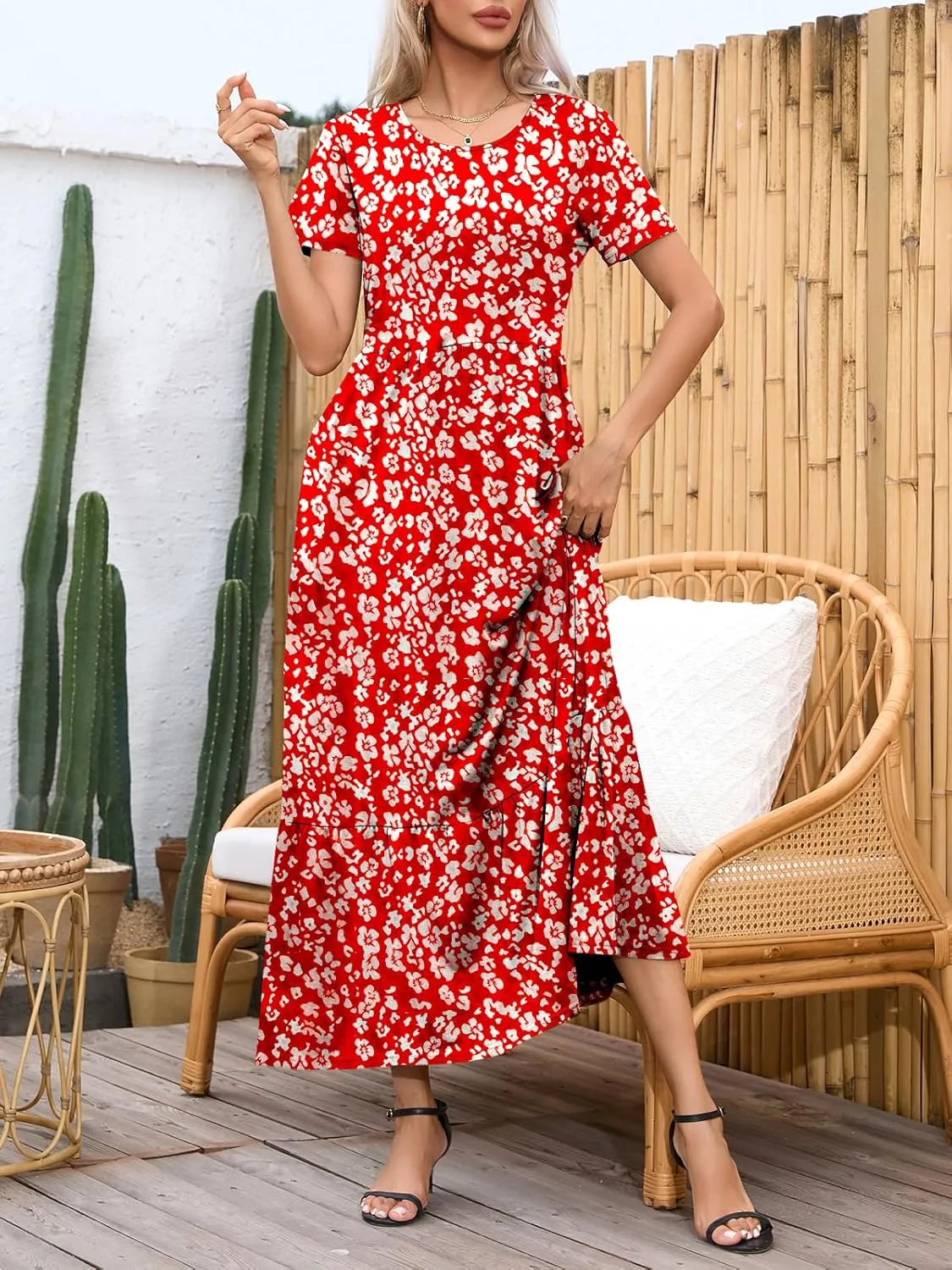 Womens Casual Short Sleeve Dresses Crewneck Basic Swing Maxi Dress Flowy Long Sundress with Pockets