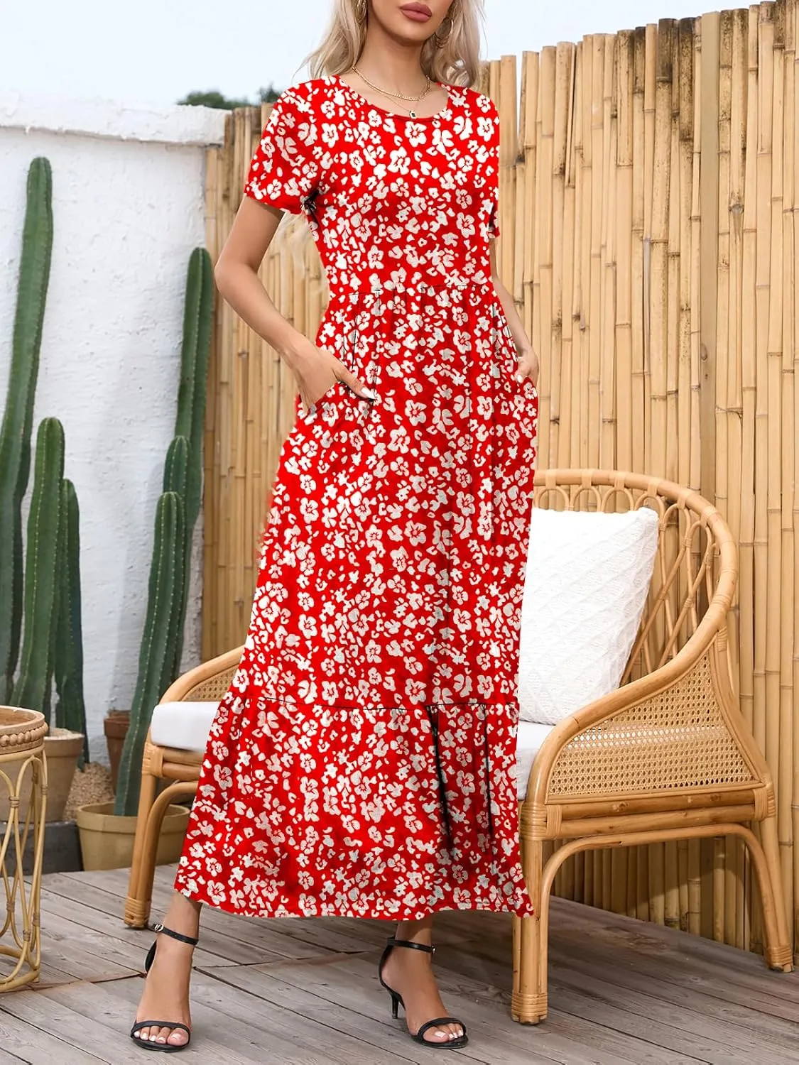 Womens Casual Short Sleeve Dresses Crewneck Basic Swing Maxi Dress Flowy Long Sundress with Pockets
