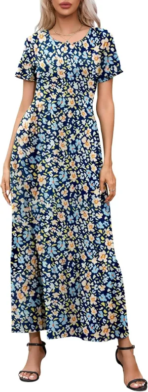 Womens Casual Short Sleeve Dresses Crewneck Basic Swing Maxi Dress Flowy Long Sundress with Pockets