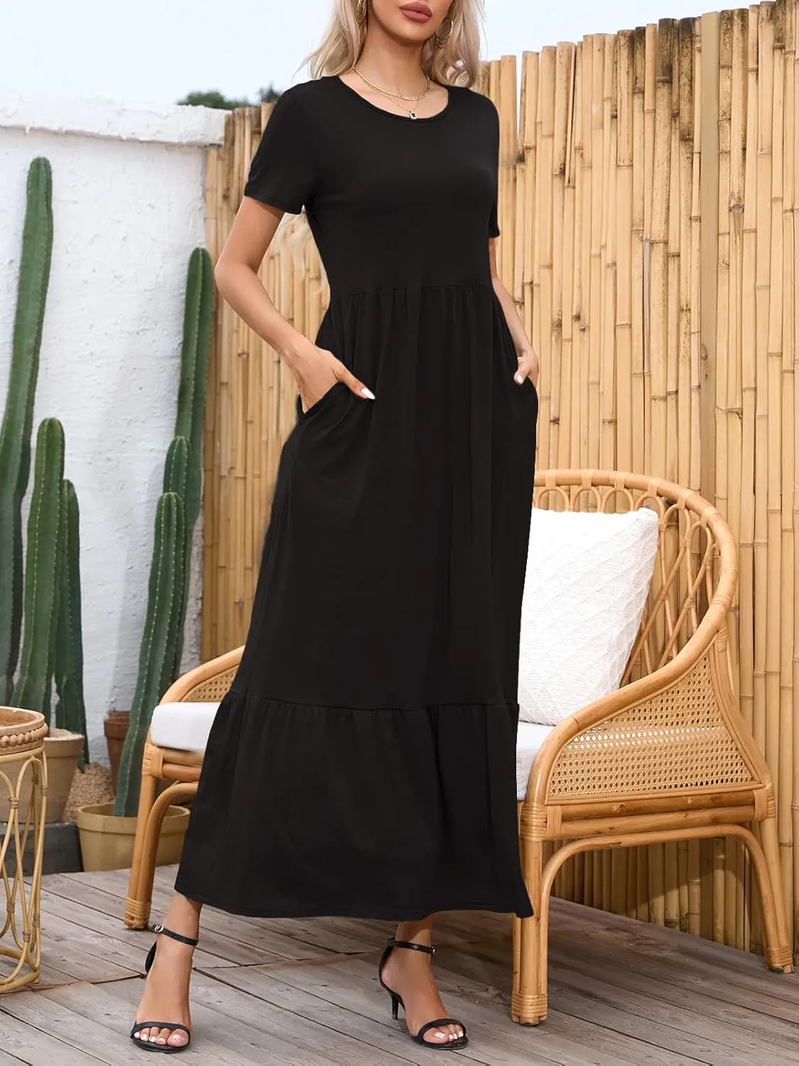 Womens Casual Short Sleeve Dresses Crewneck Basic Swing Maxi Dress Flowy Long Sundress with Pockets